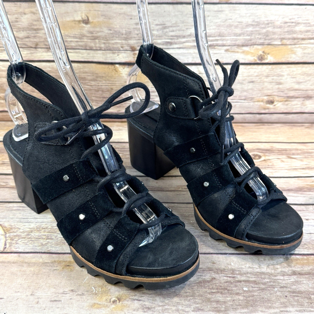 Sorel Womens Black Leather Addington Lace Up Black Heel Open Toe Sandals 7